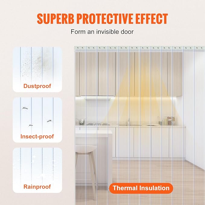 VEVOR Strip Curtain, 150' Length x 8" Width x 0.08" Thickness, Clear Ribbed PVC Curtain Strip Door Bulk Roll, Plastic Door Strips for Doorways of Supermarket, Garage, Warehouse, Barn, Pet Animal House