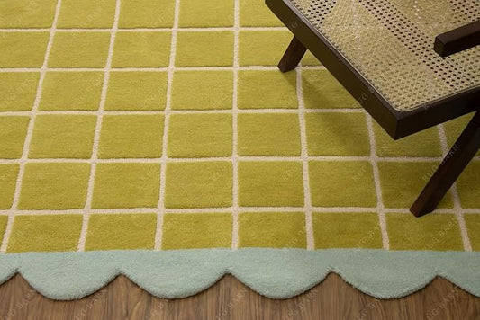 Checkered Wool Area Rug with Scalloped Border, Chartreuse Green & Cream Grid, Hand-Tufted, Soft Cut Pile, Modern Cottagecore Living Room, Bedroom & Nursery Carpet - 2.5x10 Ft (Runner)