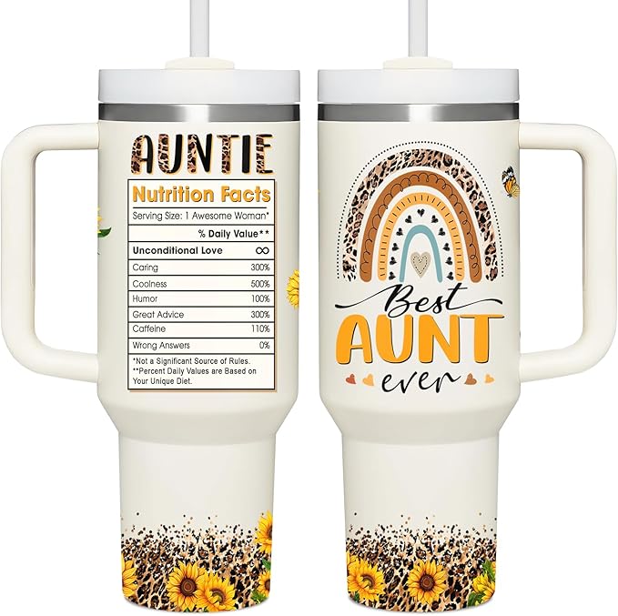 Gifts for Aunt, New Aunt, Auntie Gifts from Niece, Nephew - Christmas, Birthday, Mothers Day Gift for Auntie - 40oz Sunflower Tumbler With Handle & Straw
