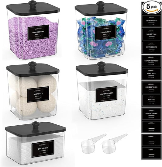 4+1 Pack Clear Laundry Pods Container & Dryer Sheet Holder, Plastic Square Laundry Room Organization and Storage Jars with Black Lids, Scoops & Labels for Detergent, Powder, Dryer Balls