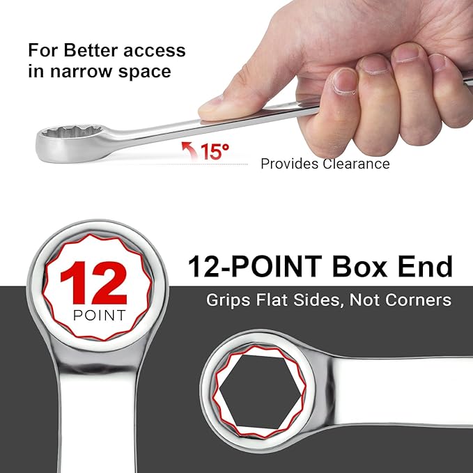 MAXPOWER 1-1/16 Inch Combination Wrench, Industrial Grade Spanners with 12 Point Box End, Durable Chrome Vanadium Steel with Off Corners Design, 15 Degree Offset - SAE