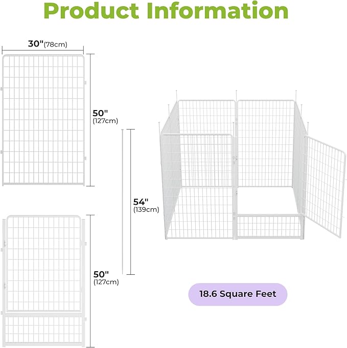 Garden Fence with Gate 50 in(H) x 20.5 ft(L) 8 Panels, Heavy Duty Metal Animal Barrier for Dog and Rabbit, Outdoor Fencing, Easy Set Up, White