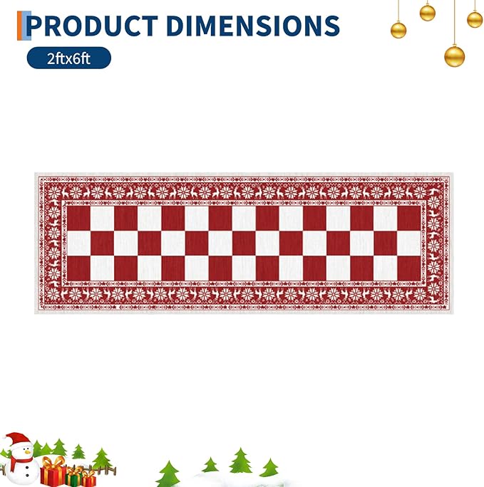 GarveeHome Red 2x6 Runner Rug, Washable Rug for Christmas Decor, Indoor Non Slip Carpet, Checkered Soft Low Pile Christmas Rugs for Kitchen, Entryway, Living Room, Bedroom