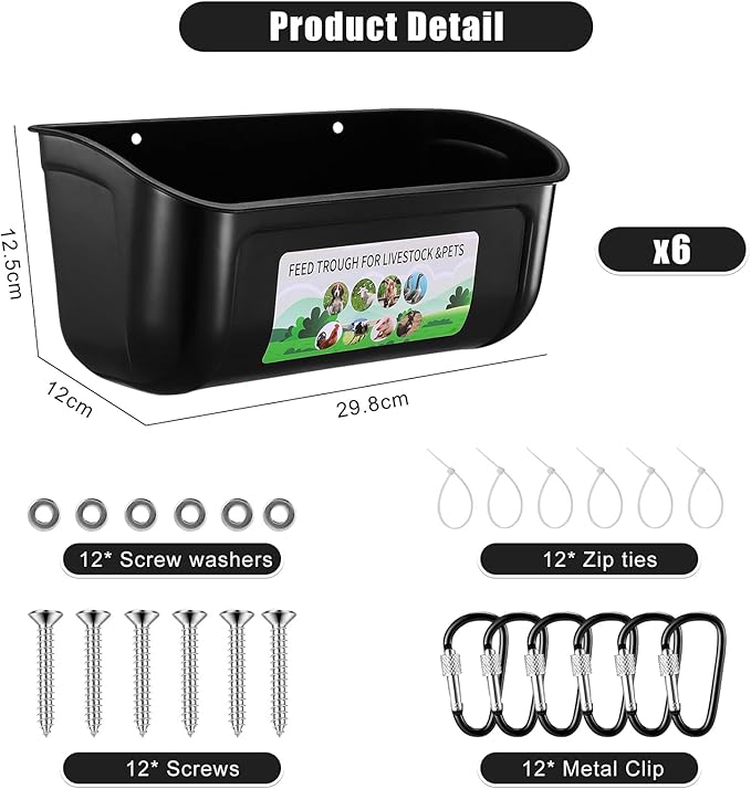 Chicken Feeder Waterer, 6 Pack Duck Feeder Supplies, Hanging Fence Feed Trough with Clips for Goat, Sheeple, Piglet, Gooses, Turkeys, Dog Livestock Poultry, Black