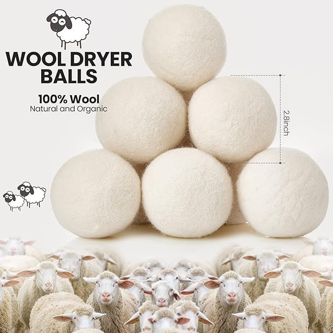 Roowest 46 Pcs Wool Dryer Balls Set Reusable Laundry Wool Balls with Muslin Bags Fabric Softener Anti Wrinkle Anti Static Saving Energy and Time