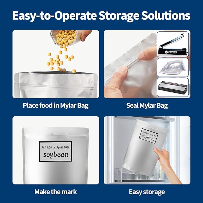 20pcs 5 Gallon Mylar Bags for Food Storage - 10 Mil Thick - Mylar Bags 5 Gallon with 30 Oxygen Absorbers 2500cc, Heat Sealable, BPA-Free – for Strong, Secure Long Term Food Storage, Silver