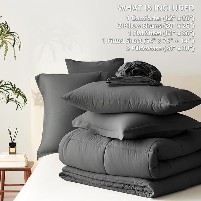CozyLux Full Size Comforter Sets Dark Grey - 7 Pieces Bed in a Bag Full, Oeko-Tex Certified Bed Set, All Season Soft Bedding Set with Down Alternative Comforter, Sheets, Pillowcases & Pillow Shams