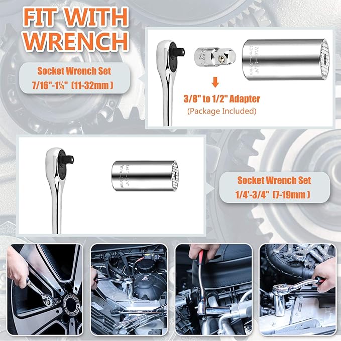 Universal Socket Wrench Set (11-32mm 7-19mm) Professional Sockets Tools Multi-function Wrench Repair Tool Kit with 3/8 inch Ratchet Wrench & Power Drill Adapter Chrome Vanadium Steel