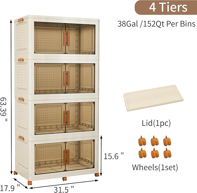 Plastic Stackable Storage Bins with Lids and Wheels, Foldable Closet Organizers and Storage Containers, Collapsible Clear Drawer Storage Cabinet with Doors Ivory White 608 QT