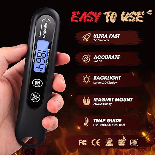 Digital Meat Thermometer - 3S Instant Read Food Thermometer with Backlight, Magnet & Hold Function, Foldable Probe for Turkey BBQ Grill Smoker Candy, Essential Kitchen Cooking Gadget