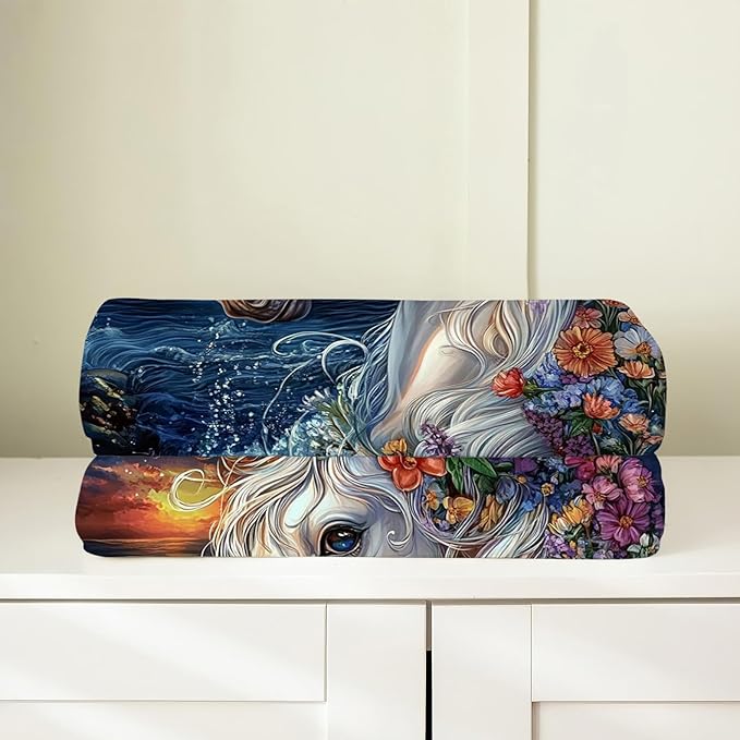 Unicorn Blanket, Ocean Unicorn Throw Blanket, Flower Gifts Blankets Stuff Fleece Flannel Plush for Girls Women Men Boys Lovers Adults Soft Bedding Gift for Sofa Bed Office Home Decor 60"x50"