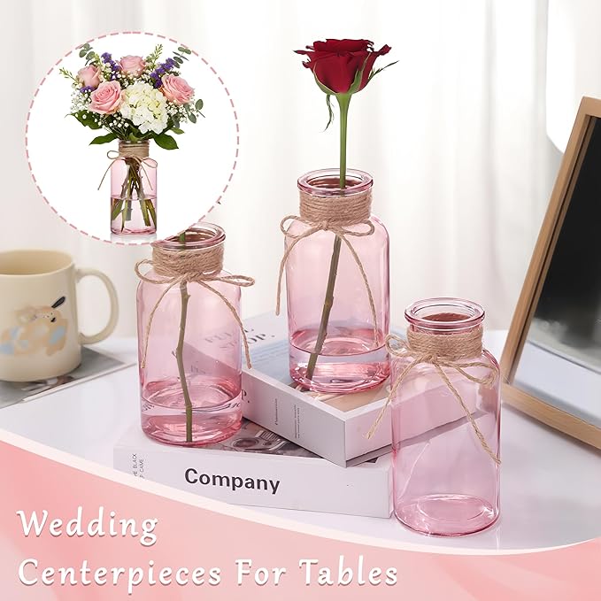 Pink Glass Flower Vases for Centerpieces Set of 12, Mason Jars Boho Cylinder Bud Vases in Bulk, for Weddings Parties Vintage Home Decor