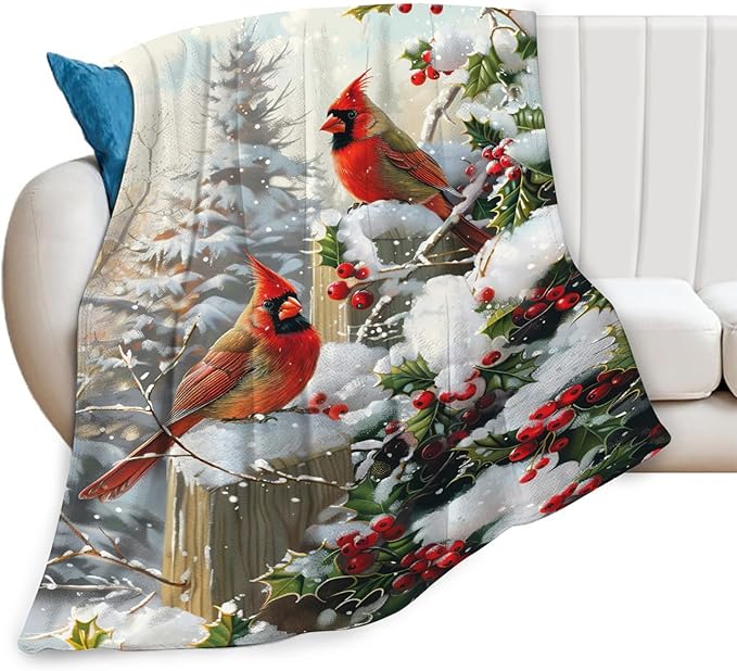 Dynova Christmas Bird Blanket Cozy Plush Red Birds Lovers Throw Blankets Fuzzy Flannel Fleece Winter Gifts for Girls Boys Women Men 80"X60"