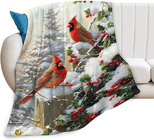 Dynova Christmas Bird Blanket Cozy Plush Red Birds Lovers Throw Blankets Fuzzy Flannel Fleece Winter Gifts for Girls Boys Women Men 80"X60"