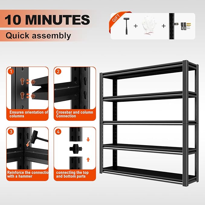 63" H/32” W Garage Shelving, Heavy Duty 5 Tire Adjustable Storage Unit, 3000LBS Metal Garage Shelves, Easy Assembly Shelf for Industrial, Warehouse, Basement (16" D x 32" W x 63" H)