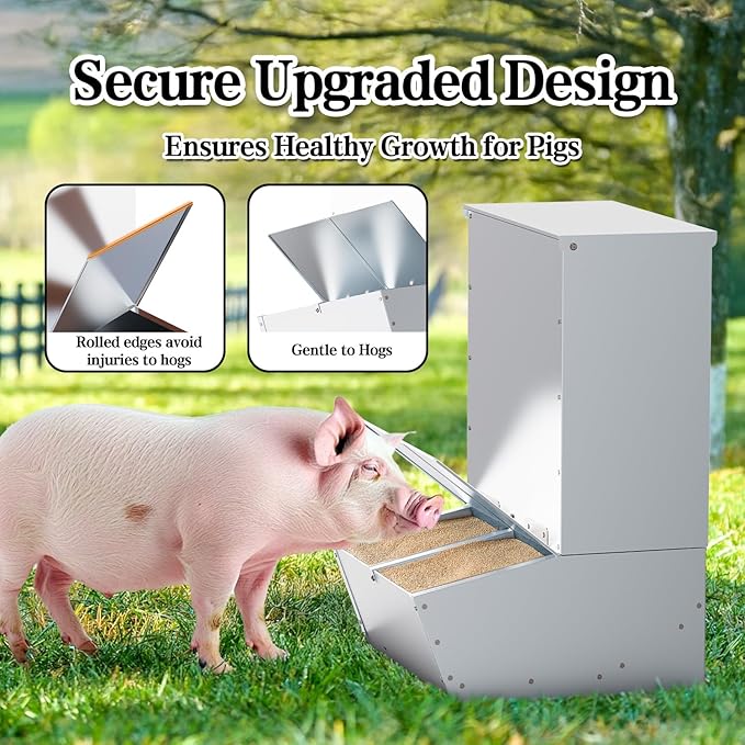 2 Door Hog Feeder, 3.7 Bushels Pig Feeder, Heavy Duty Galvanized Steel Piglet Creep Feeder, Easy Installation in Farm, Silver