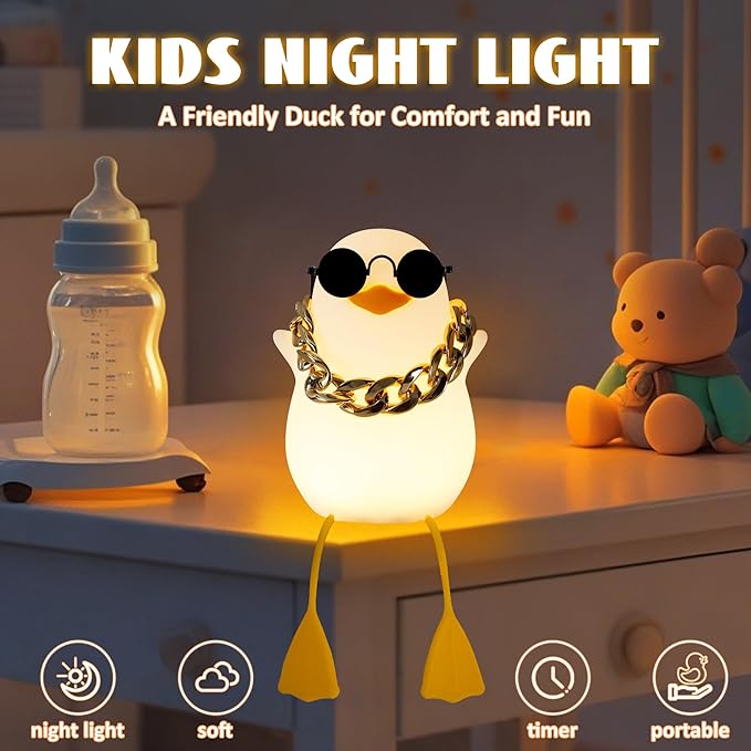 Duck Night Light, Silicone Duck Lamp, Cute Bedside Duck Goose Funny Nightlight with Dimmer and Timer for Room Decor, Duck Gifts for Girls,Boys, Women, Little One-Hip Hop Duck
