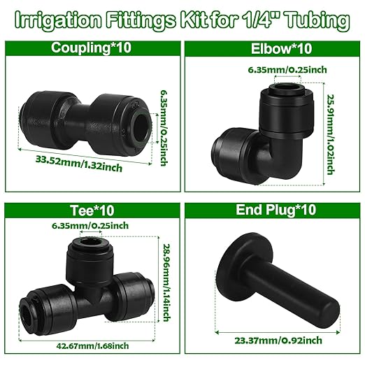 1/4 Inch Drip Tubing Irrigation Fittings Kit - 40 Pieces Set 1/4'' Drip Line Push-to-Fit Connectors Includes 10 Tees 10 Coupling 10 Elbows 10 End Cap
