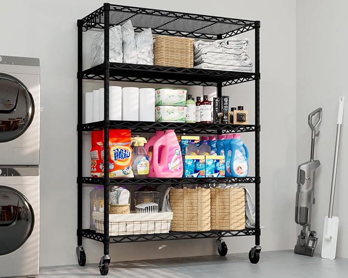 PrimeZone Wire Shelving Unit with Wheels, 5 Tier Adjustable NSF Certified Heavy Duty Metal Storage Shelves, Pantry Organizer Rack Rolling Kitchen Shelf for Closet Garage, 24" W x 18" D x 75" H, Black