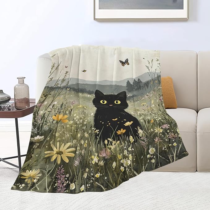 Black Cat Blanket Floral Wildflower Kitten Throw Blankets Gifts for Girls Boys Kids Cat Lover Soft Cozy Fleece Plush for Couch Sofa Bed 50"x40"