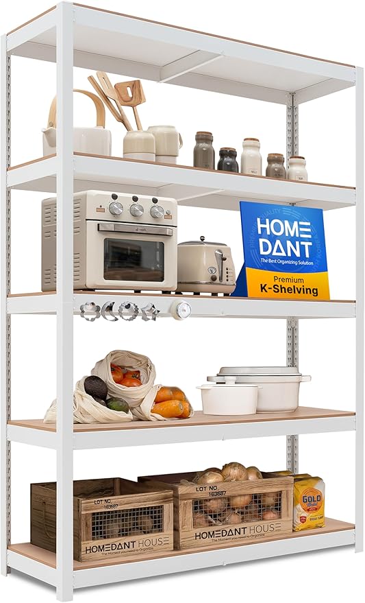 HOMEDANT House 5 Tier Laminated Metal Shelving Unit Adjustable Storage Utility Rack Heavy Duty Shelves Organization Multipurpose Shelf Kitchen Garage Pantry Closet (1, (L) 48.1" W, White)
