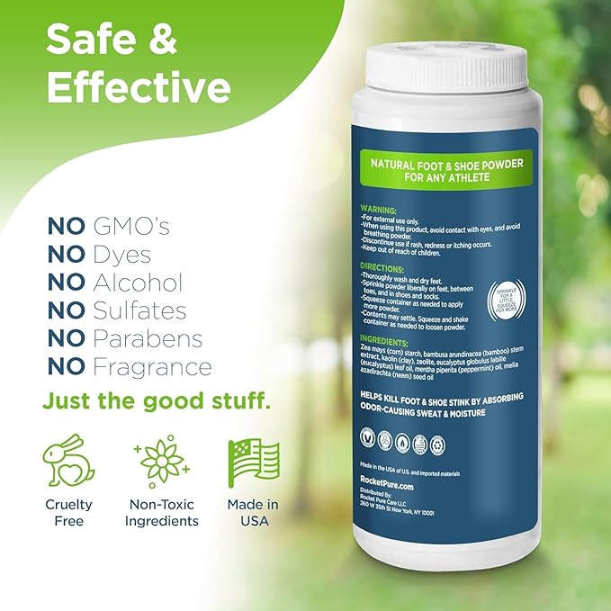 Rocket Pure Natural Foot & Shoe Deodorizer Powder - Eucalyptus Foot & Shoe Powder Odor Control - Removes, Controls & Prevents Odors - Made with Essential Oils - Made in USA (4oz, 2-Pack)