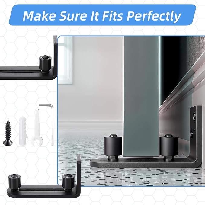 4 Pcs Black Sliding Barn Door Floor Guide Flush Design Wall Mount Bottom Adjustable Roller Flat Non Scratch Barn Door Hardware Kit (2 Assemble Setup Options)