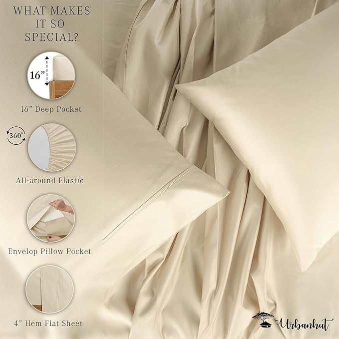 URBANHUT 1000 Thread Count Full Size Egyptian Cotton Bedsheets, Long Staple Soft & Breathable Sheets For Full Size Bedding, 4 Pc Bed Sheet Sets, Luxury Hotel Sateen Sheets Fits 16" Deep Pocket - Ivory