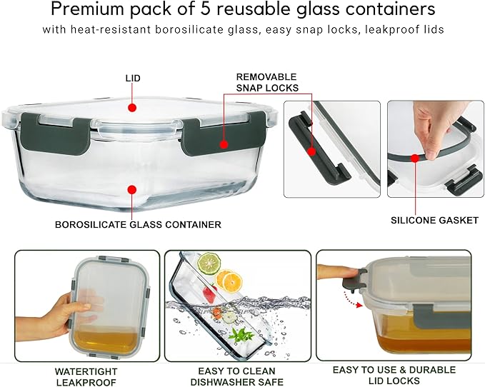 Brieftons Glass Meal Prep Containers: 5 Pack, 35 Oz with Airtight, Leakproof Snap Locking Lids, Perfect for Food Storage, Lunch & Portion Control, BPA-Free, Microwave, Oven, Freezer & Dishwasher Safe