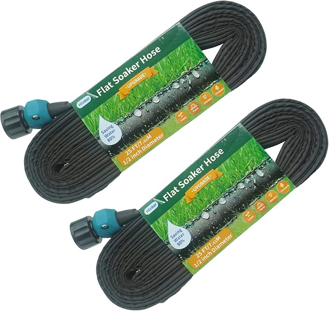 Flat Soaker Hose 25 50 FT for Garden Beds, 50Ft (25FT X 2) 1/2" Linkable Consistent Drip Irrigation Hose Save 80% Water, Leakproof Heavy Duty Double Layer Sprinkler Hose