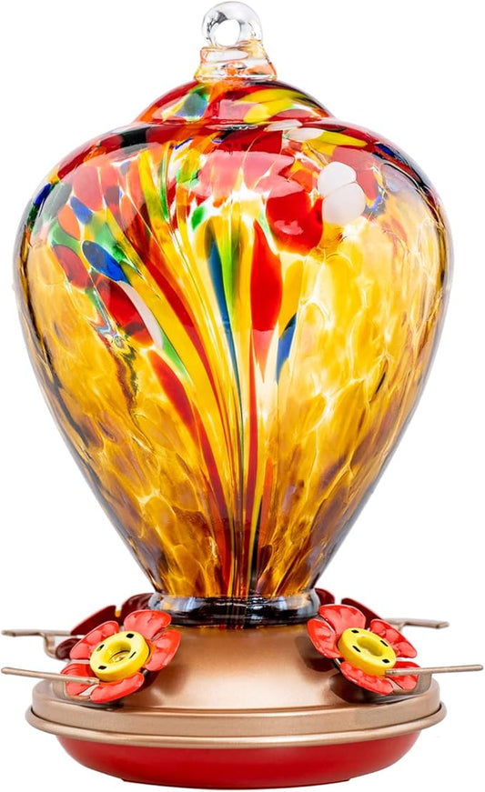 Hummingbird Feeder, 34OZ Hand Blown Glass Hummingbird Feeders for Outdoors Hanging, 4 Feeding Perch with Ant Moat Leakproof, Garden Yard Decor Gifts for Women Mom (Golden Balloon)