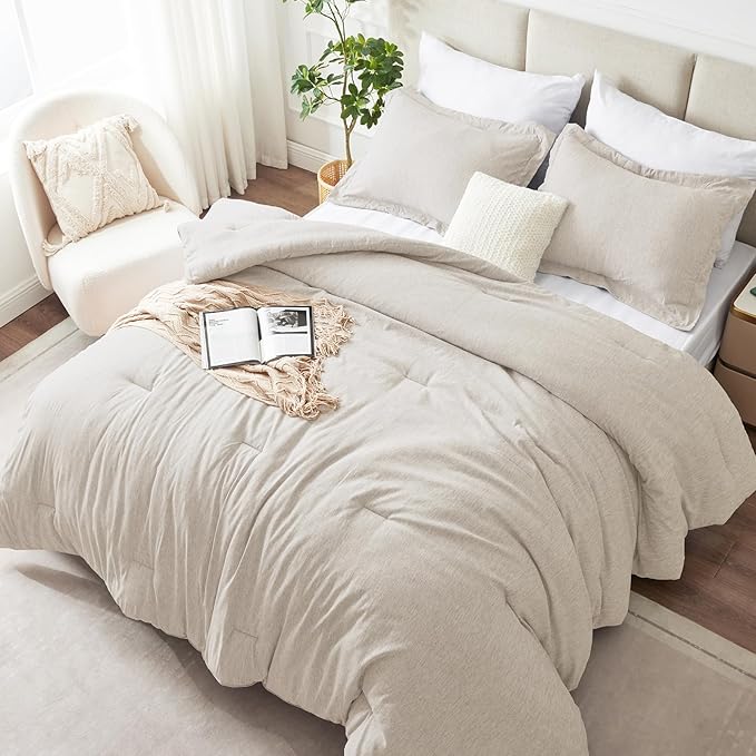 CozyLux Full Size Comforter Set - 3 Pieces Beige Soft Luxury Cationic Dyeing Bedding Comforter for All Season, Breathable Lightweight Fluffy Boho Bed Sets with 1 Comforter and 2 Pillow Shams