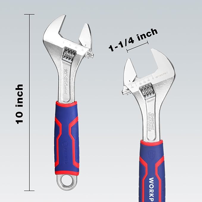 WORKPRO 10-inch Adjustable Wrench, Wide Jaw Opening Wrench with Rubber Anti-slip grip, Metric/SAE Scales, Premium Cr-V Steel, Chrome Plated