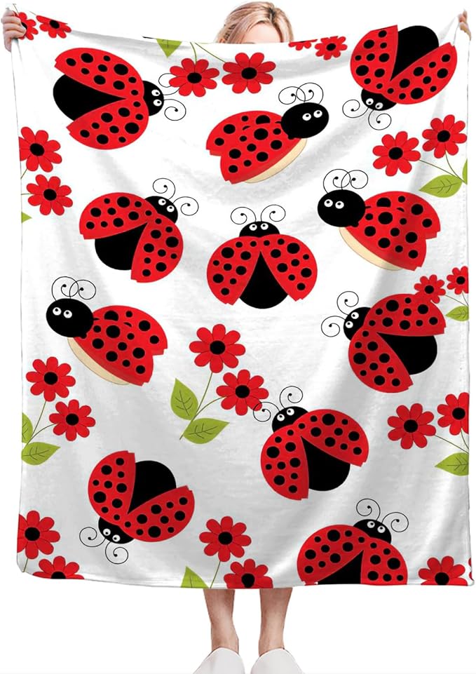 Ladybug Blanket, Lady Bug Cartoon Throw Blankets, Flower Green Leaves Fuzzy Plush Blanket Ultra Soft for Animal Lover Gift Kids Teens Women Men Girls Boys Stuff Decor for Bedding Sofas Couch 50"X40"