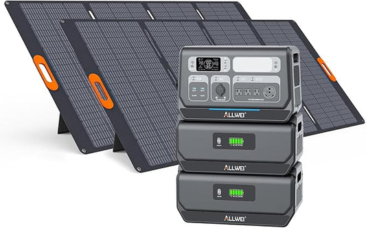 ALLWEI 2400W Portable Power Station (Surge 4800W) with 2x400W Solar Panel and 2x2048Wh Expansion Battery Included, 4 AC Outlet, LiFePO4 Battery Backup Generator for RV Camping Emergency Outdoor Home