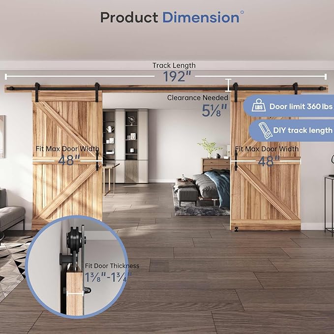 EaseLife 16 FT Double Sliding Barn Door Track and Handle Hardware Kit, Straight Pulley,Slide Smoothly Quietly,Easy Install (16FT Track Kit for 44"~48" Wide Double Door)