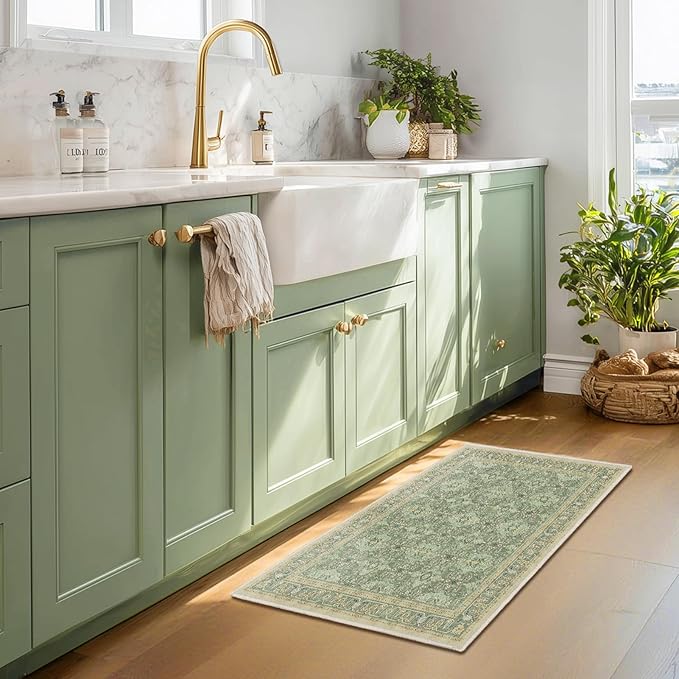 Sage Green Small 2x3 Rug, Boho Floral Moroccan Printed Door Rugs for Entryway Indoor, Washable Non Slip Low Pile Thin Soft Door Mat Indoor Entrance for Kitchen Bathroom Laundry Room Bedside