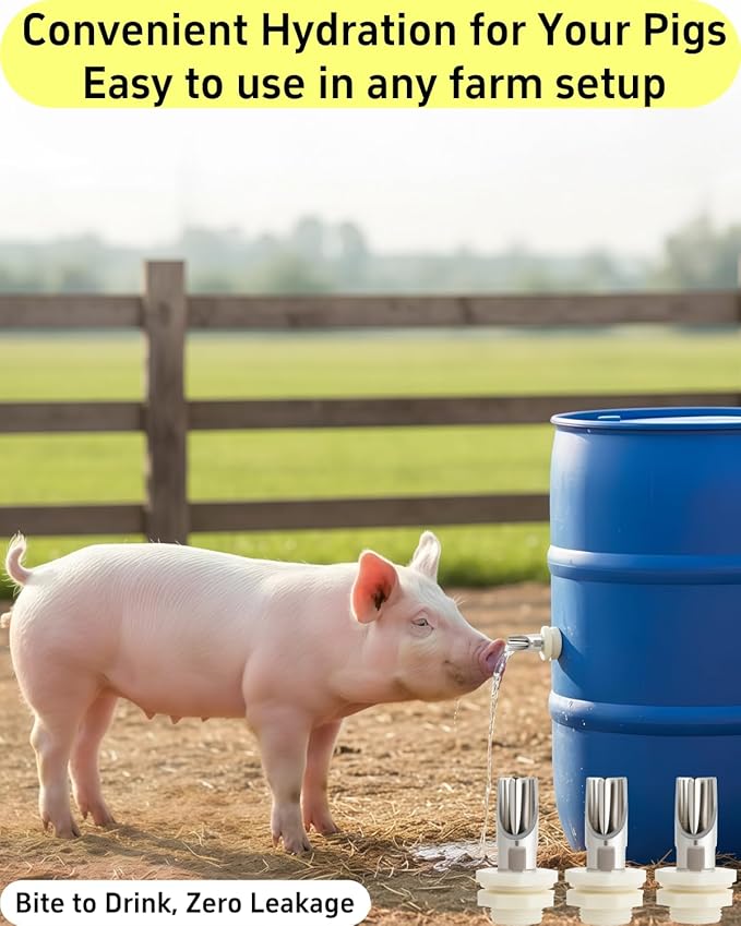3 Pack Stainless Steel Pig Waterer Nipple Kit, Complete Set with Hole Saw & Tape, Automatic Nipple Drinker for Hogs, Goats, Rabbits, Poultry, Pig Nipple Waterer for Barrel Kit, Rabbit Watering System