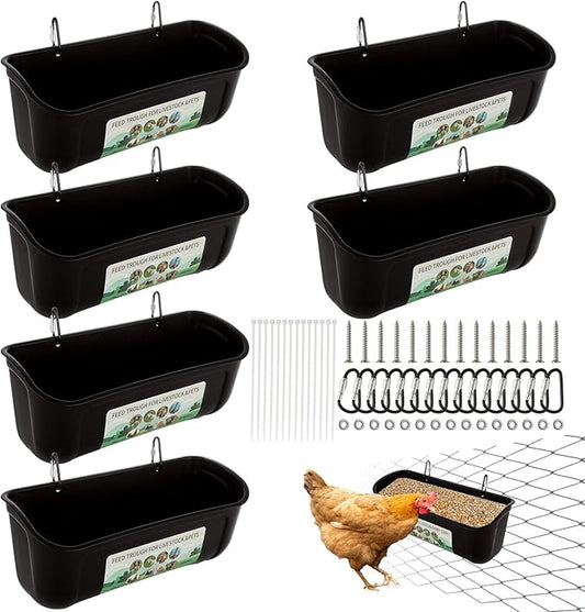 6 Pack Goat Feeders Hanging 3.5 Quart Chicken Feeder Waterer Trough, Goat Mineral Feeder Fence Feeder for Livestock Poultry, Duck, Black