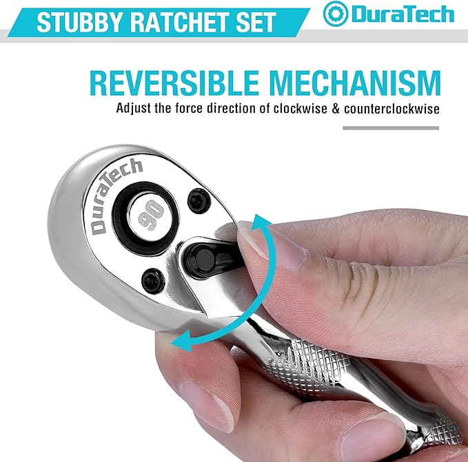 DURATECH 3PCS Stubby Ratchet Wrench Set, 90-Tooth 1/4" 3/8" 1/2" Drive Socket Wrench, Mini Small Ratchet with CR-MO Head, Quick-Release & Reversible Design, Full Polished, EVA Organizer