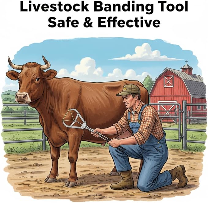 25 Elastrator Bands with Extra Large Stainless Steel Banding Tool Bander Livestock Management Fits Bull,Calves, Goats, Sheep, Easy Application