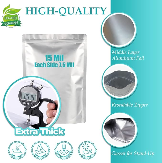 50pcs Mylar Bags for Food Storage With Oxygen Absorbers, 15 Mil Extra Thick Mylar Bags, 4 Size Set(5 Gallon, 2 Gallon, 1 Gallon, 1 Quart)2500cc and 400cc Oxy-Sorb (Individually Sealed)