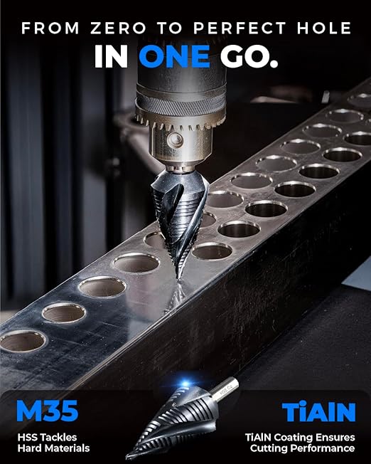 toolant Four Spiral Flute Cobalt Step Drill Bit(Pro), 3/16" - 7/8"(12 Step Size) Impact Ready Unibit Step Drill Bit, 1/4" Hex Shank Step Bit for Metal, Stainless Steel, Aluminum, Plastic