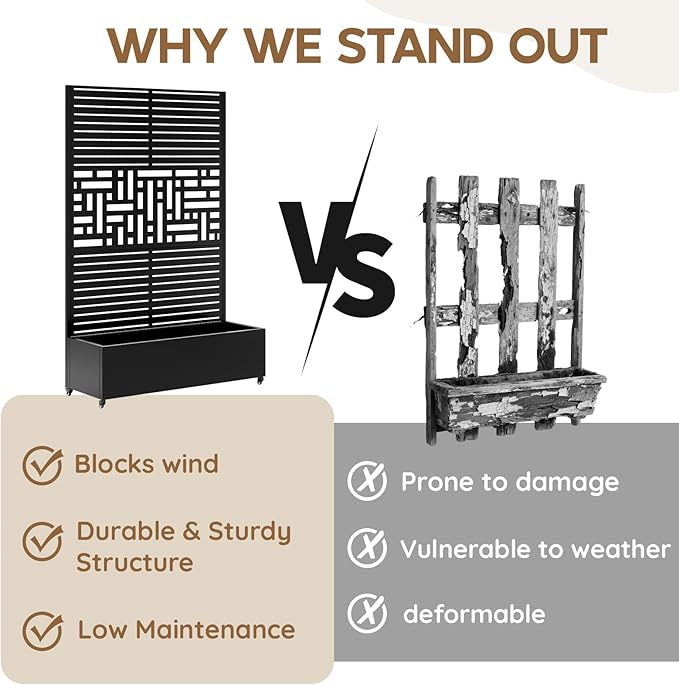 Metal Planter with Trellis& Wheels 72" x 47"x 15.7" Raised Garden Bed with Trellis,Privacy Planters for Patio,Garden Bed for Climbing Plants,Suitable for Climbing Plants and Vegetables,Black