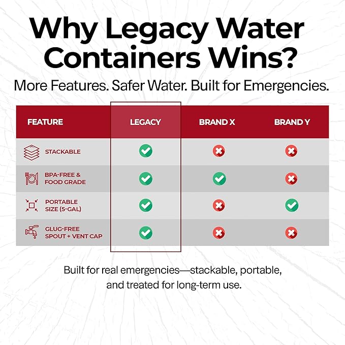 Legacy Premium Emergency Water Storage Containers 10 Gallon, Long Term 5 Gallon Water Tank - 2 Stackable Food Grade Tanks Included, for Camping, Prepping, Survival - 10 Gallon Total Capacity
