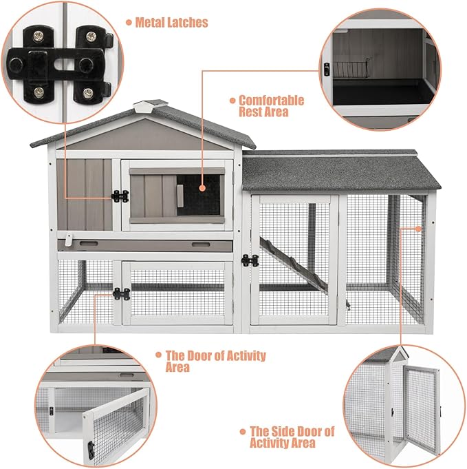 Rabbit Hutch Indoor Outdoor Bunny Cage with Pull Out Tray,2 Story Wooden Rabbit Cage with Weatherproof Asphalt Roof,Guinea Pig Cage with Ventilation Doors,Ramp for Small Animals 114" L Grey