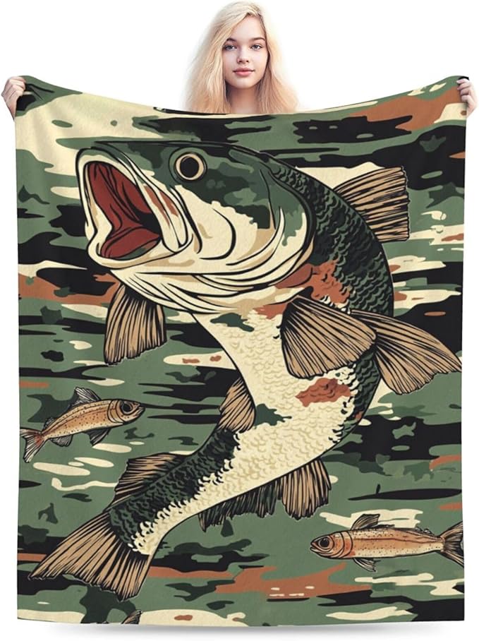 Bass Fish Blanket Fishing Throw Blanket Soft Warm Cozy Fuzzy Plush Camo Fishes Throw Blanket Gifts for Girls Women Fish Lightweight Fleece Flannel Gift Blankets for Kids Adults 40"X50"