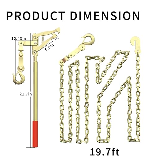 Fence Stretcher Bar Puller, 19.7ft Chain, 2200 lbs Wire Tensioner for Barbed & Chain-Link Fence Repair, Heavy-Duty Steel, Non-Slip Handle (2 Pack)