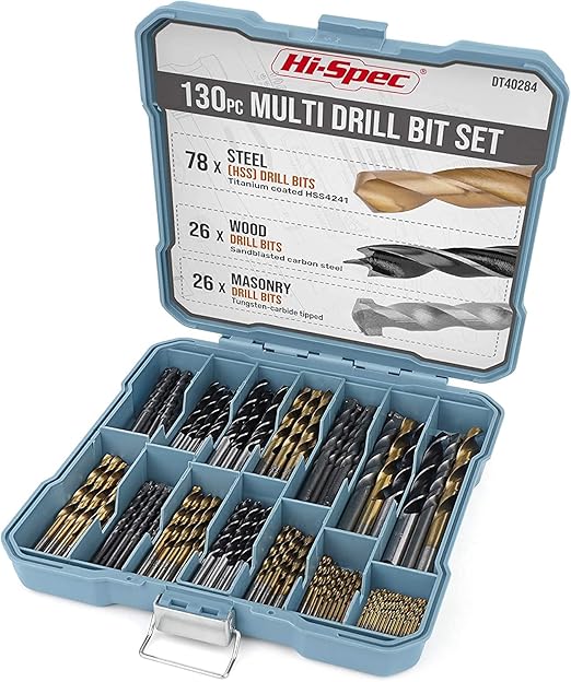 Hi-Spec Drill Bit Set 130pc Multi SAE – 11 Sizes 1/16in to 3/8in – HSS Titanium, Masonry & Brad Point Steel Bits – Metal Drill Bits for Metal, Wood, Plastic, Drywall, Brick & Concrete – With Tray Case