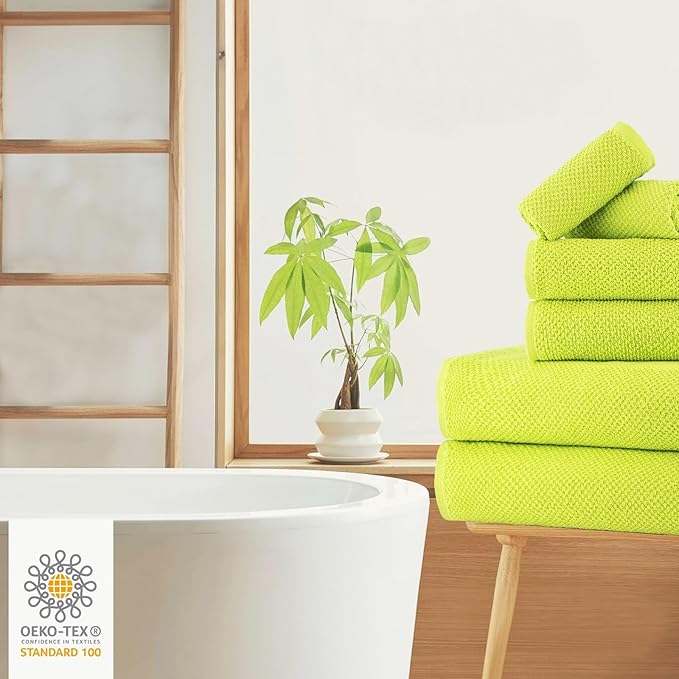 CASA COPENHAGEN Popcorn Textured 6 Pieces Towel Set- Neon Green, 550 GSM 2 Bath Towel 2 Hand Towel 2 Washcloth, Rough & Tough Use Cotton Towels Gift Set for Bathroom